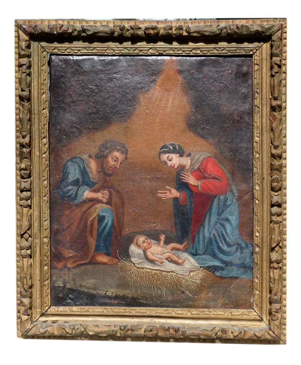 Huile Sur Toile XVIIIe Siecle , Nativité , Cadre En Bois Doré , Scène Religieuse Sainte Famille