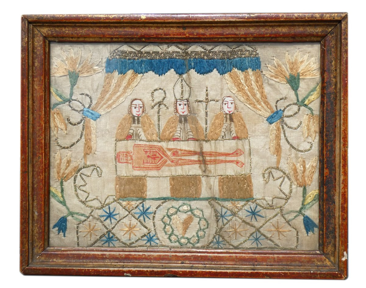 Broderie Religieuse Sur Soie Vers 1700 XVIIIe , Saint Suaire De Besançon , Reliquaire , Tableau-photo-2