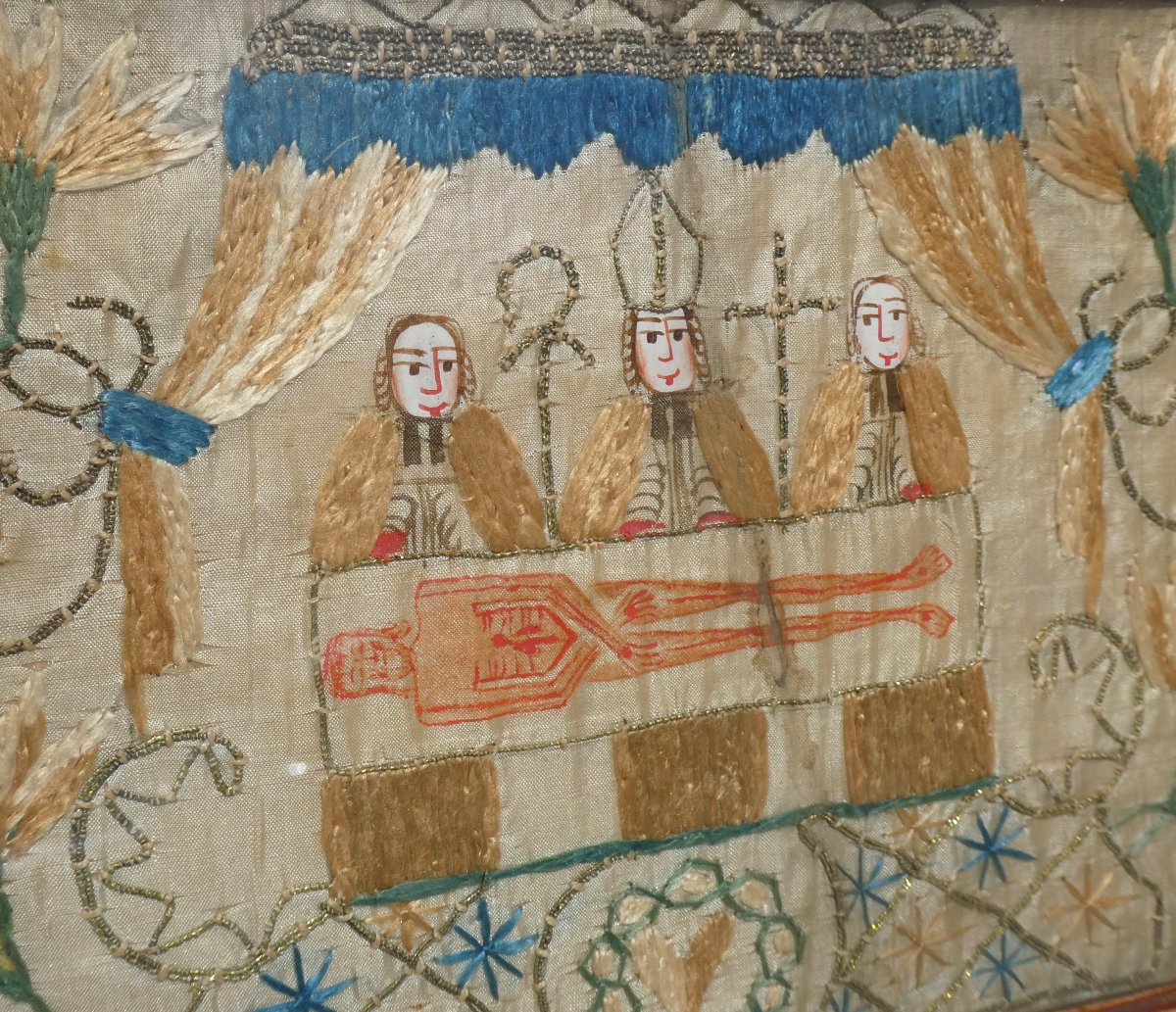 Broderie Religieuse Sur Soie Vers 1700 XVIIIe , Saint Suaire De Besançon , Reliquaire , Tableau-photo-3
