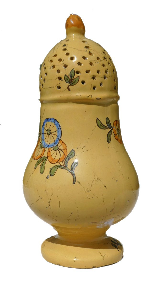 Saupoudreuse En Faience XVIIIe , Moustiers , Montpellier , Marseilles , Fleurs Fond Jaune-photo-2