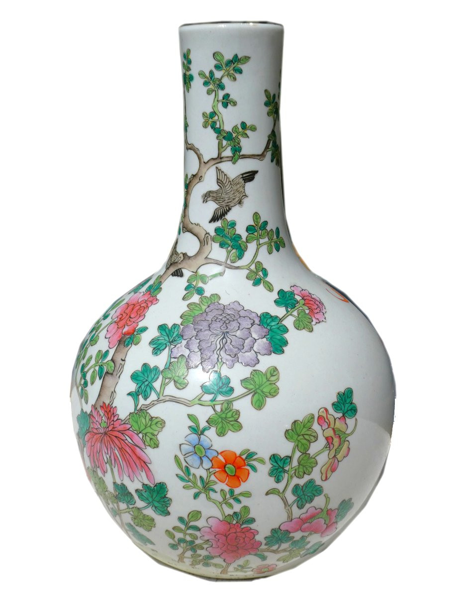 Vase Gourde En Porcelaine Chinoise , époque XIXe Siecle , Décor Floral , Chauve Souris-photo-2