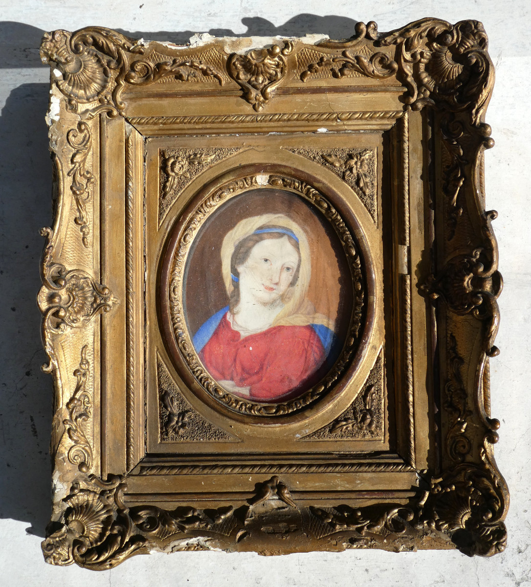 Gouache Religieuse Epoque XVIIIe Siecle , Sainte Vierge , Cadre En Stuc Doré Napoléon III