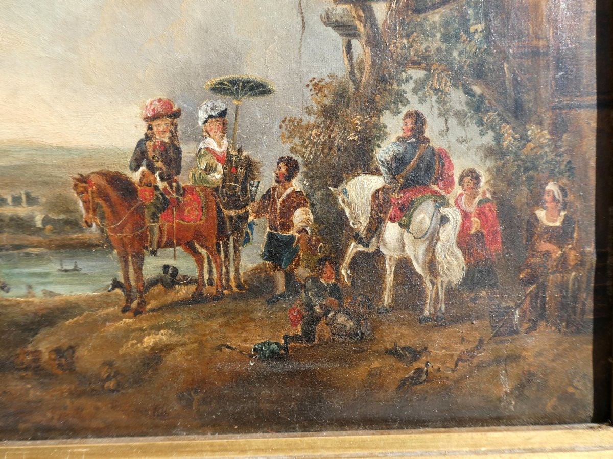 Huile Sur Toile Epoque XIXe , Ecole Anglaise , Halte De Chasse Style XVIIe Siecle , Cadre Doré-photo-3