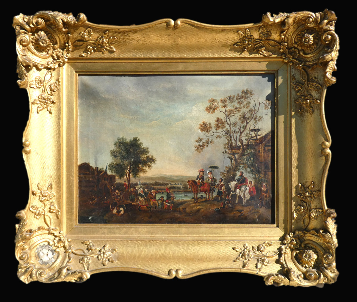 Huile Sur Toile Epoque XIXe , Ecole Anglaise , Halte De Chasse Style XVIIe Siecle , Cadre Doré