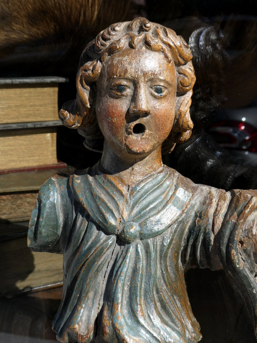 Religious Sculpture In Polychrome Wood, 18th Century Period, Annunciating Angel, Character-photo-3