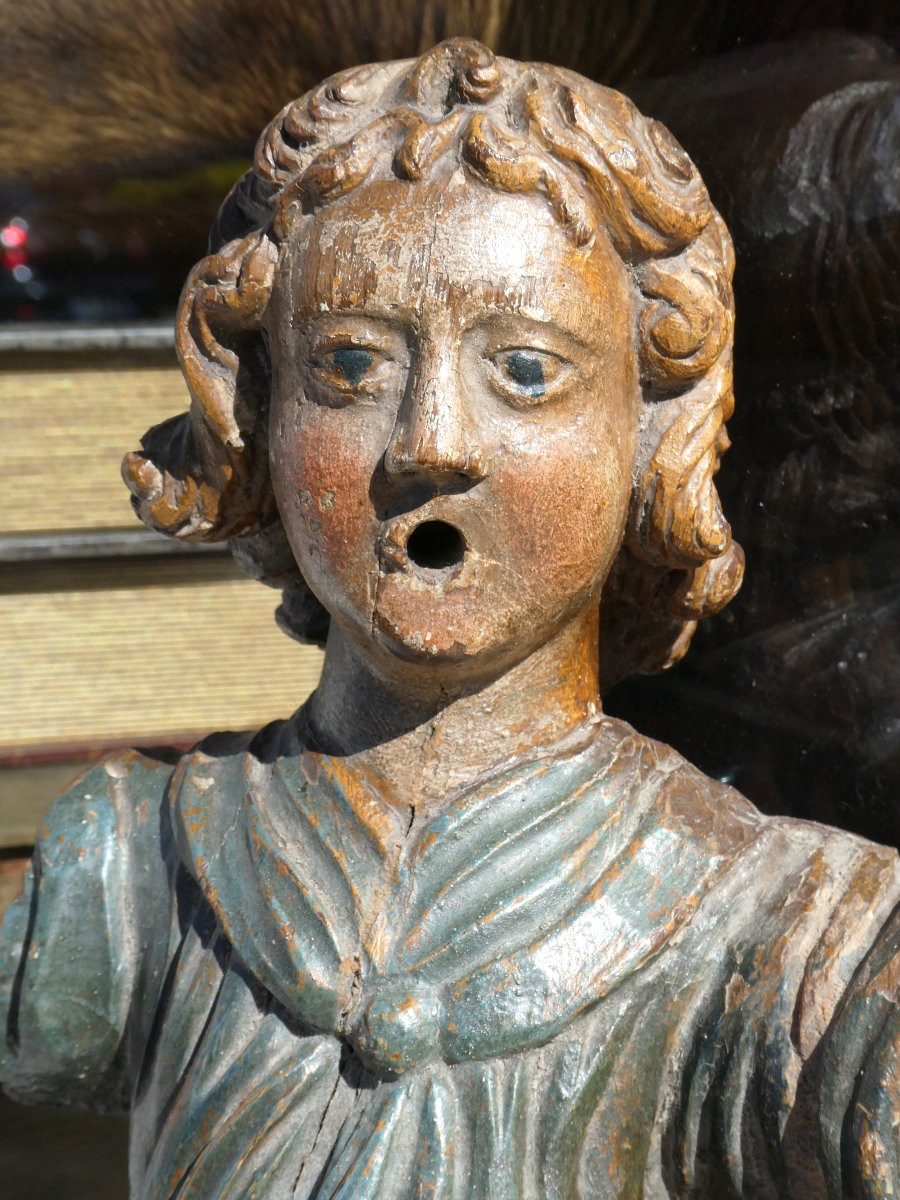 Religious Sculpture In Polychrome Wood, 18th Century Period, Annunciating Angel, Character-photo-3