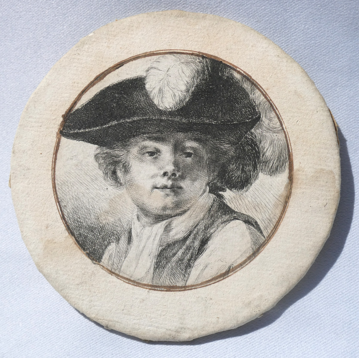 Portrait de Jeune homme , Epoque XVIIIe siecle , Tricorne , Dessin à La Plume , Tondo