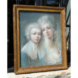 Grand Pastel époque Louis XVI , XVIIIe Siecle , Amour Fraternel Cadre Bois Doré , Daté 1782 & Signé Style Marie Antoinette