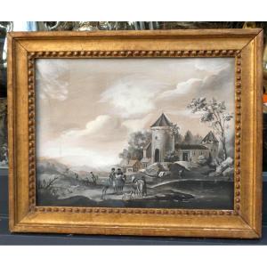 Gouache Epoque XIXe Siecle 1820 , Décor De Paysage En Grisaille , Tableau , Chasse & Chevaux