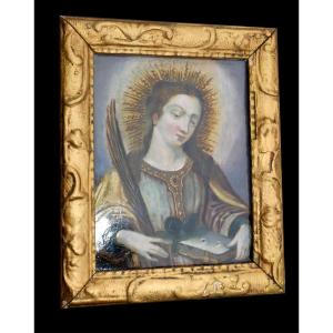Huile Sur Cuivre Peinture époque XVIIe Siecle , Portrait De Sainte Catherine , Scène Religieuse