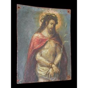 Huile Sur Cuivre Flamande , Epoque XVIIe Siecle , Le Christ Au Roseau , Sujet Religieux 