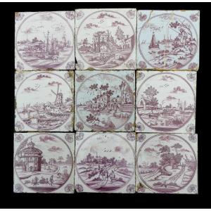 Series Of 9 Delft Faience Tiles / Northern France, Manganese, Tiles, Sailboats 