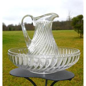 Very Large Pitcher & Toilet Bowl In Baccarat Crystal 1900, Twisted Bamboo, Bathroom