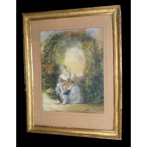 Watercolor Early 19th Century Period, Marie Antoinette & Louis XVII In Triananon, Maternity