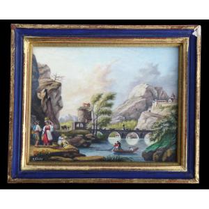 Watercolor Miniature By R Nicolle, Landscape After A Canvas By Claude Joseph Vernet In Nantes