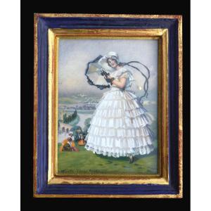 Miniature, Watercolor, Young Woman In Crinoline Signed R Nicolle, Musette Costume, Aubry