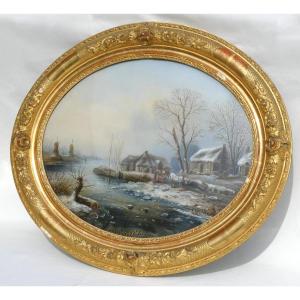 Grand Fixé Sous Verre époque Napoléon III Paysage Enneigé Moulins Sous La  Neige Flandres XIXe 