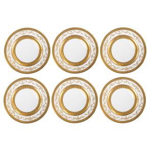 Serie De 6 Assiettes De Presentation Porcelaine Raynaud Medicis Blanche & Or Limoges