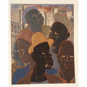 Gouache Epoque 1950 , Portraits De Six Hommes , J. Bertrand , Urbanisme , New York , modernisme