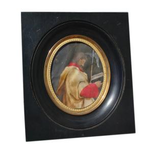 Grande Miniature Religieuse , Saint Matthias , Epoque Napoléon III , XIXe , Gouache 