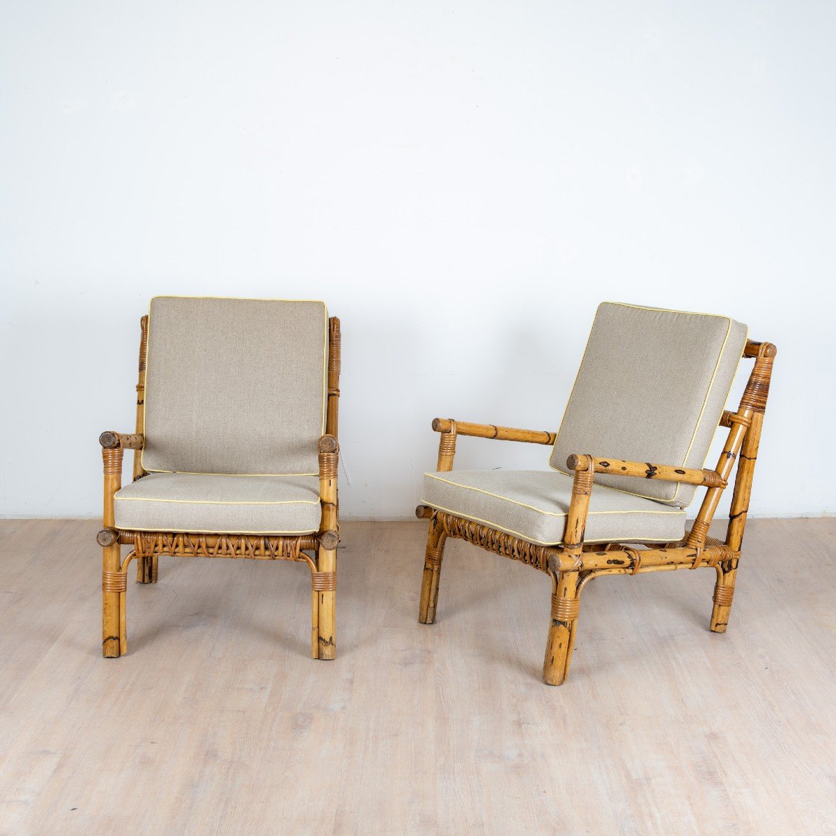 Pair Of Italian Rattan And Linen Armchairs 1970-photo-3