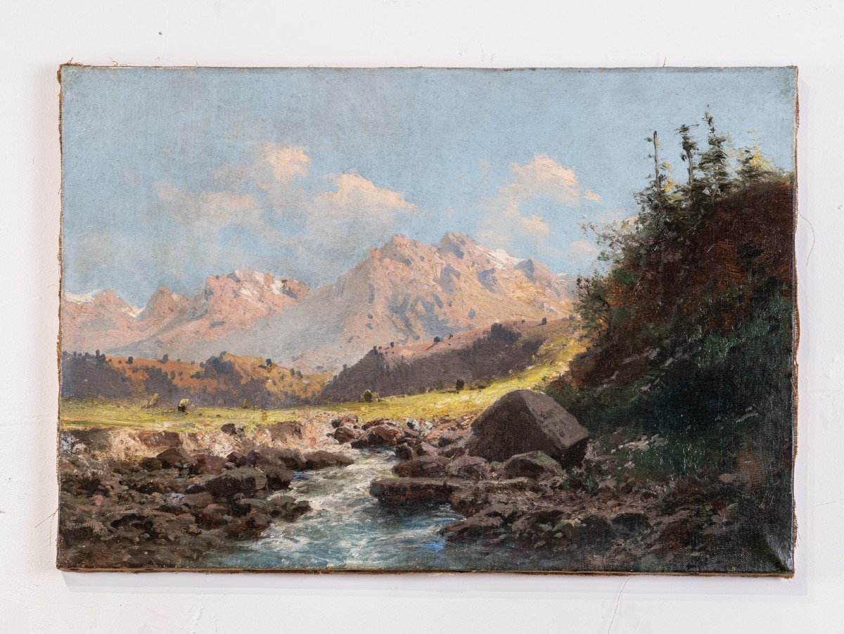 Alfred Godchaux, « Paysage Des Pyrénées » , XIXeme huile sur toile 38 x 55 cm-photo-3