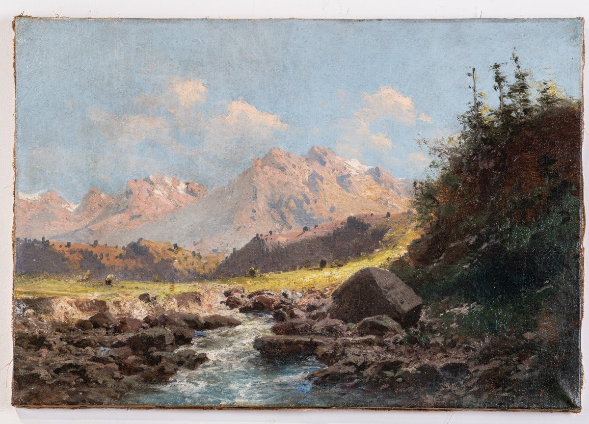 Alfred Godchaux, « Paysage Des Pyrénées » , XIXeme huile sur toile 38 x 55 cm