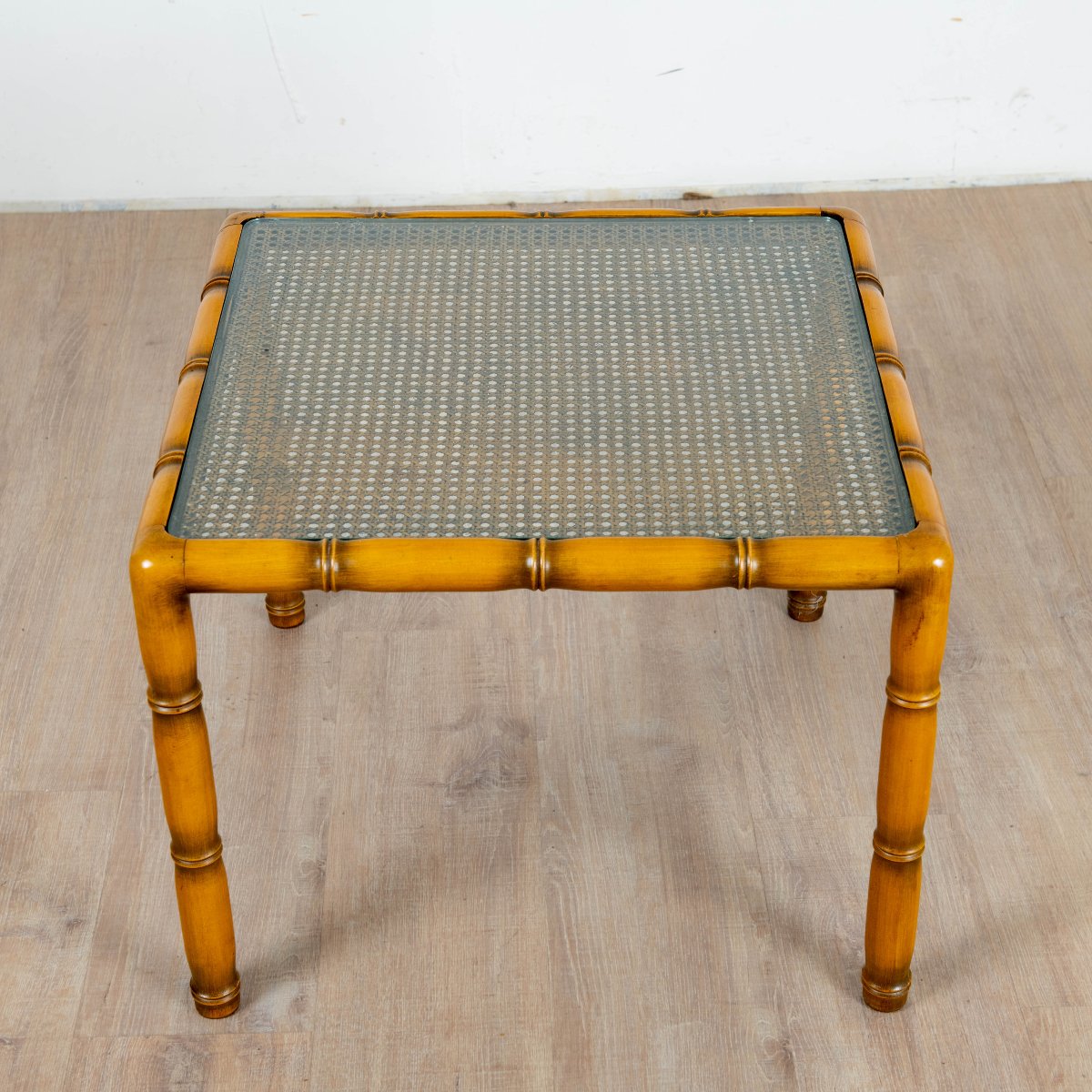 Coffee Table In Bamboo Wood With Caning And Square Glass Top, 1970s-photo-4