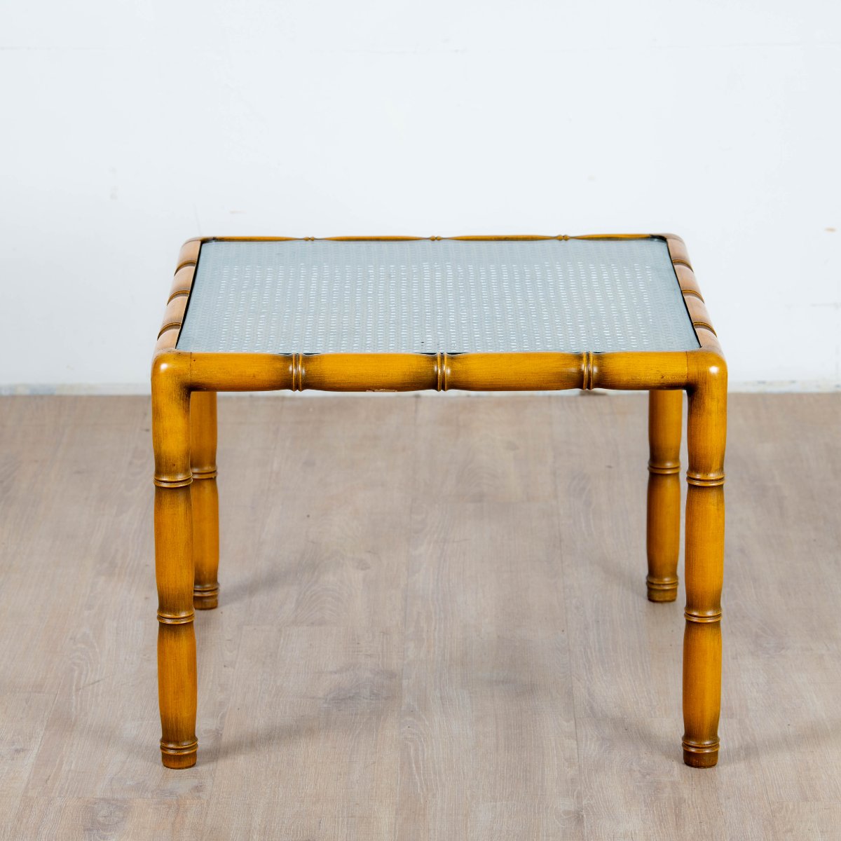 Coffee Table In Bamboo Wood With Caning And Square Glass Top, 1970s-photo-2