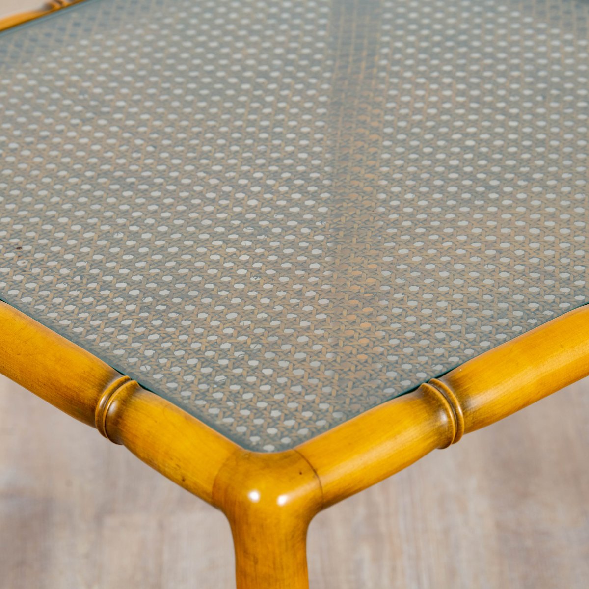 Coffee Table In Bamboo Wood With Caning And Square Glass Top, 1970s-photo-4