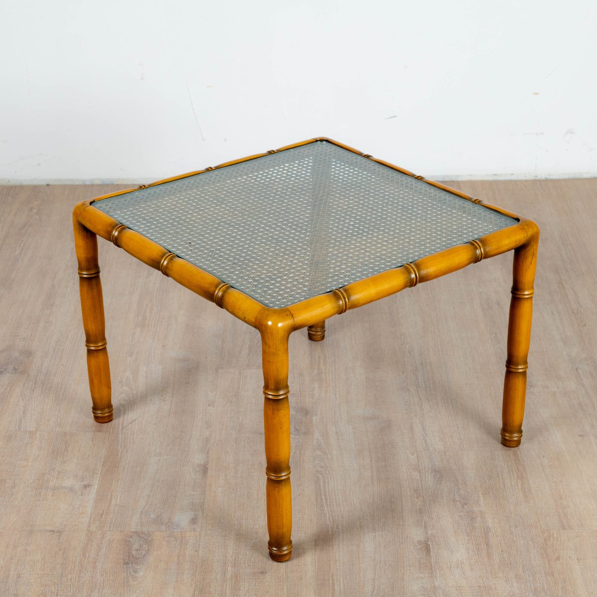 Coffee Table In Bamboo Wood With Caning And Square Glass Top, 1970s-photo-5
