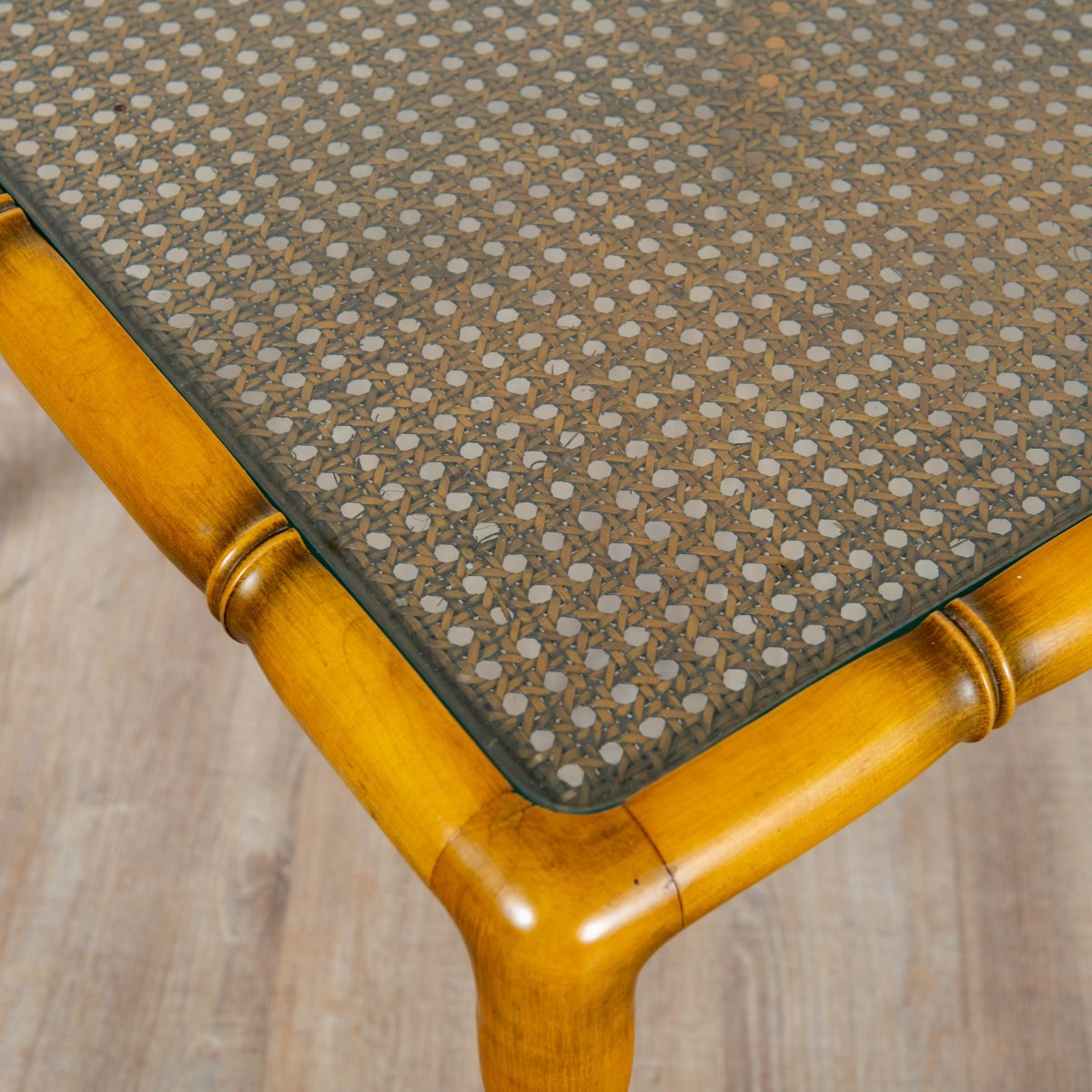 Coffee Table In Bamboo Wood With Caning And Square Glass Top, 1970s-photo-6