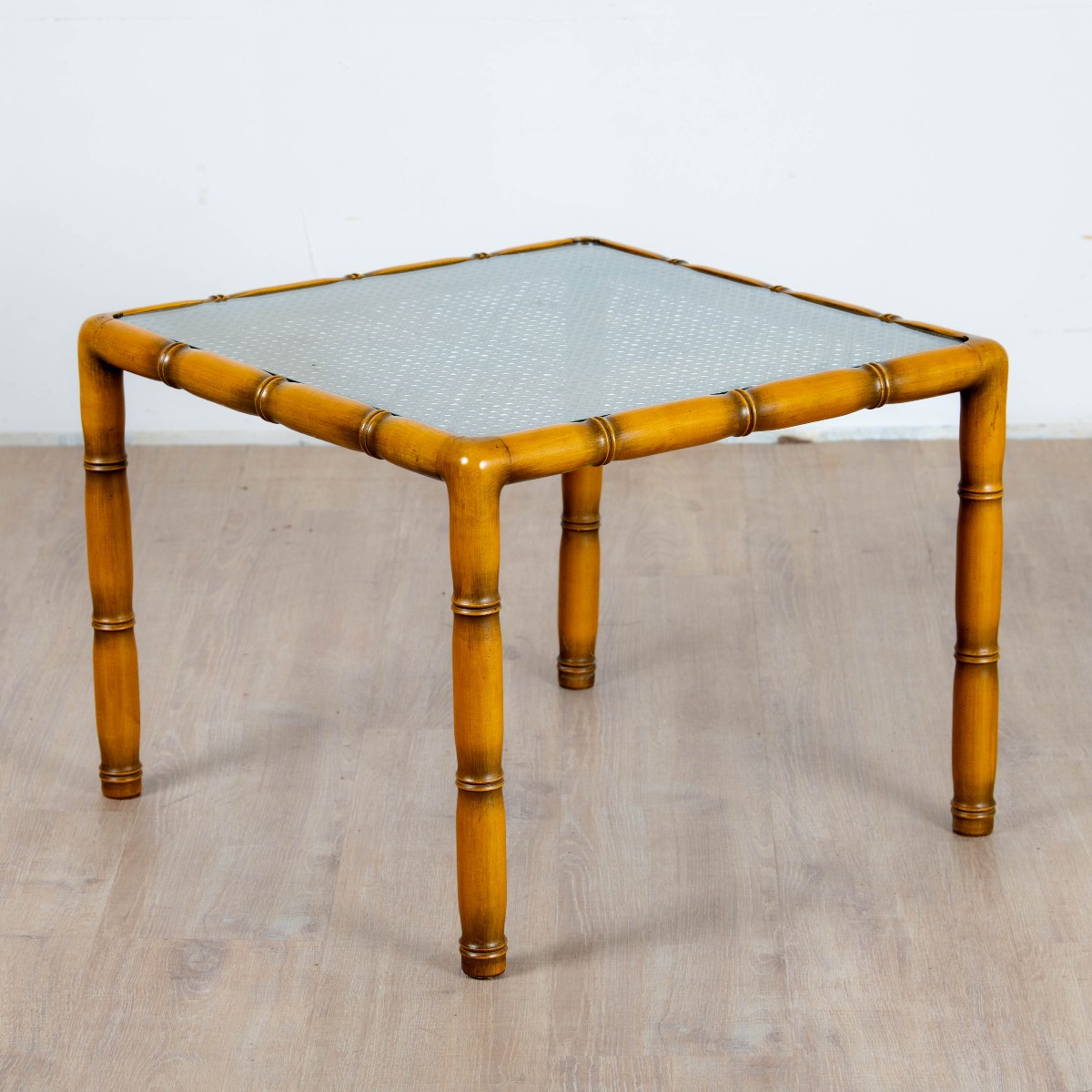 Coffee Table In Bamboo Wood With Caning And Square Glass Top, 1970s
