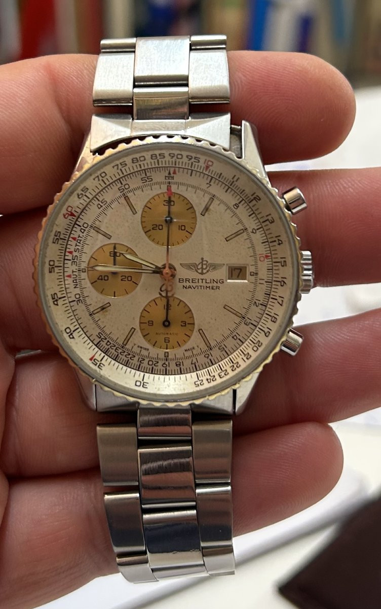 Breitling Old Navitimer Gold And Steel Calibre Eta 7750 Ref 1399 N°81610 From 1985 White Background-photo-2