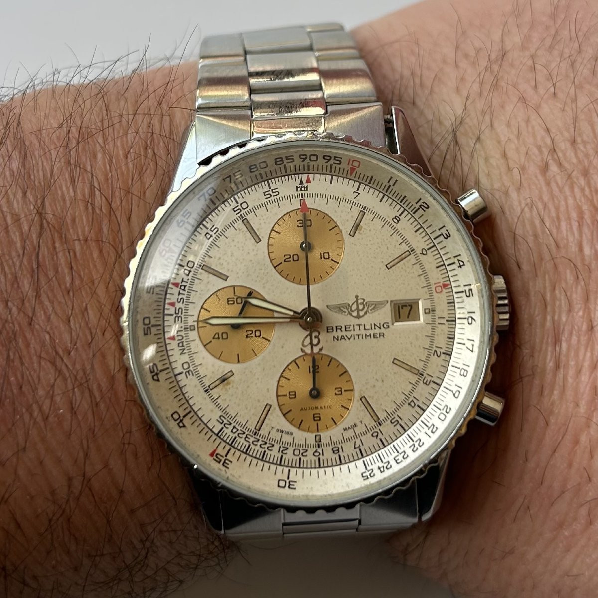 Breitling Old Navitimer Gold And Steel Calibre Eta 7750 Ref 1399 N°81610 From 1985 White Background-photo-7