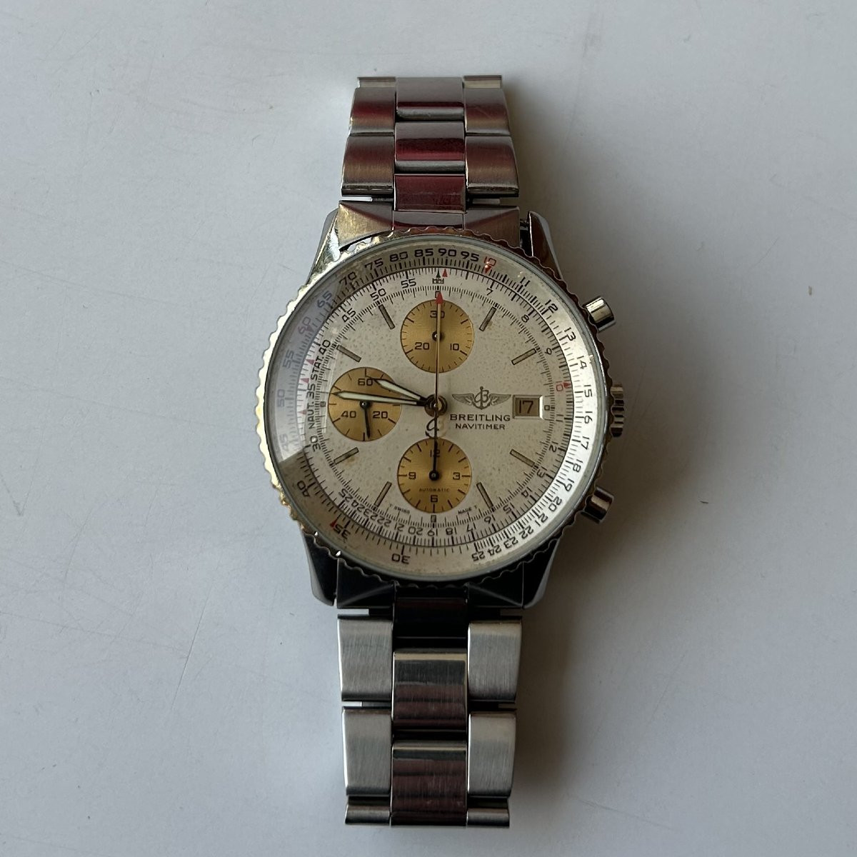 Breitling Old Navitimer Gold And Steel Calibre Eta 7750 Ref 1399 N°81610 From 1985 White Background-photo-8