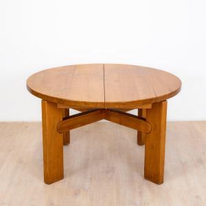 Round Elm Table With Extension Leaf By Maison Regain, 1985