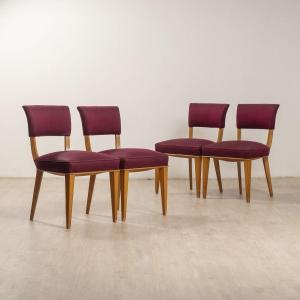 Art Deco Chairs In Purple Silk By Jules Leleu, Set Of 4