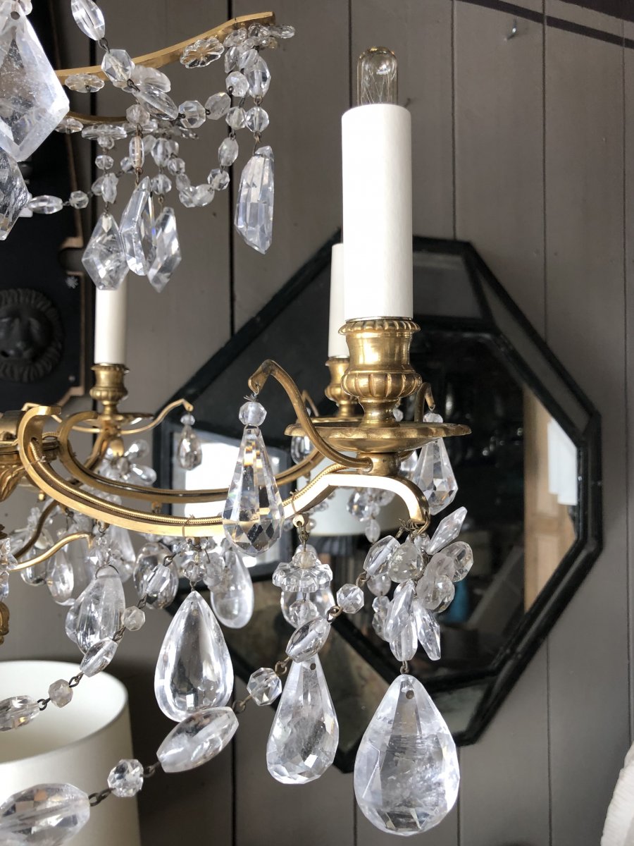 Lustre Bronze Doré Et Cristal De Roche 1940. -photo-2