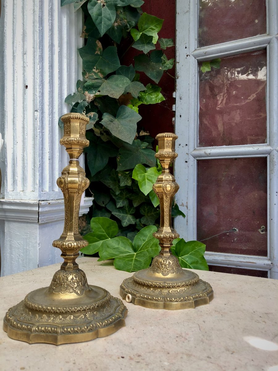 Pair Of Louis XIV Style Candlesticks Decorated With Overcoats And Lambrequins, Mercury Gilding.-photo-3