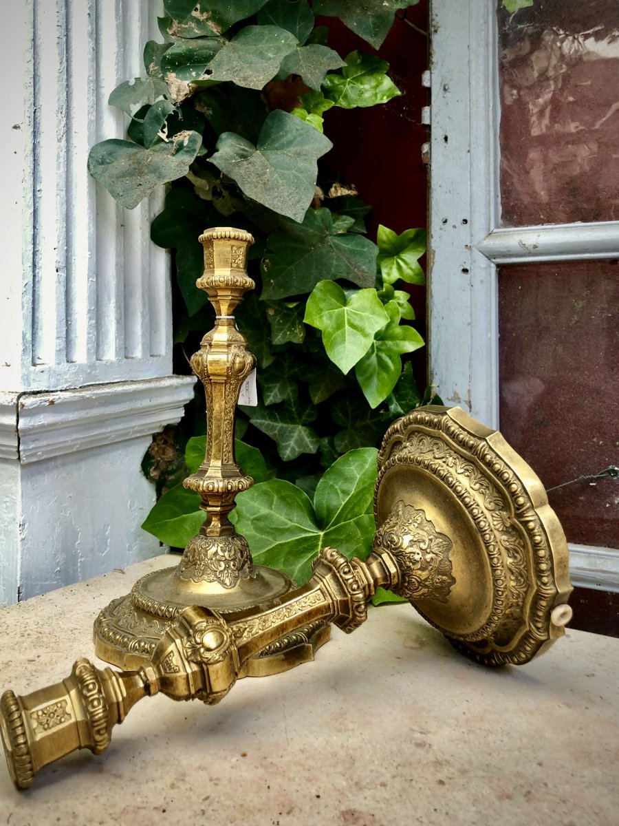 Pair Of Louis XIV Style Candlesticks Decorated With Overcoats And Lambrequins, Mercury Gilding.