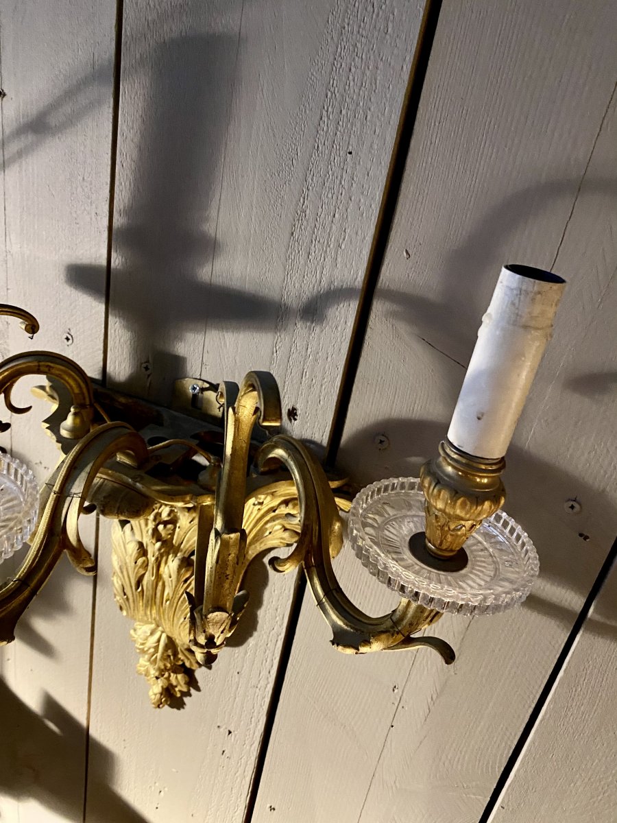 Large Pair Of Gilt Bronze Sconces, Bobèches Baccarat, Circa 1880.-photo-1