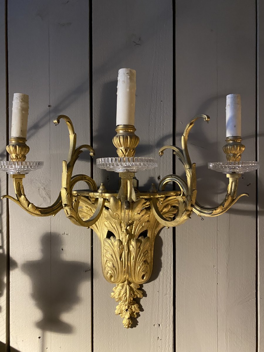 Large Pair Of Gilt Bronze Sconces, Bobèches Baccarat, Circa 1880.