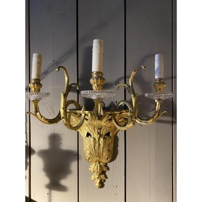 Grande Paire D’appliques En Bronze Dorées, Bobèches Baccarat, Vers 1880.