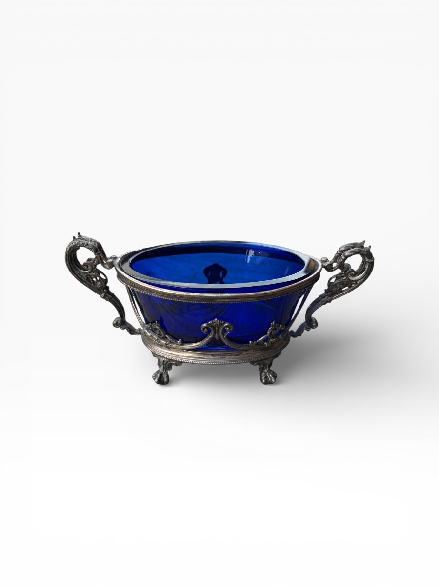 Silver-plated Metal And Colored Glass Sugar Bowl, 19th Century-photo-2