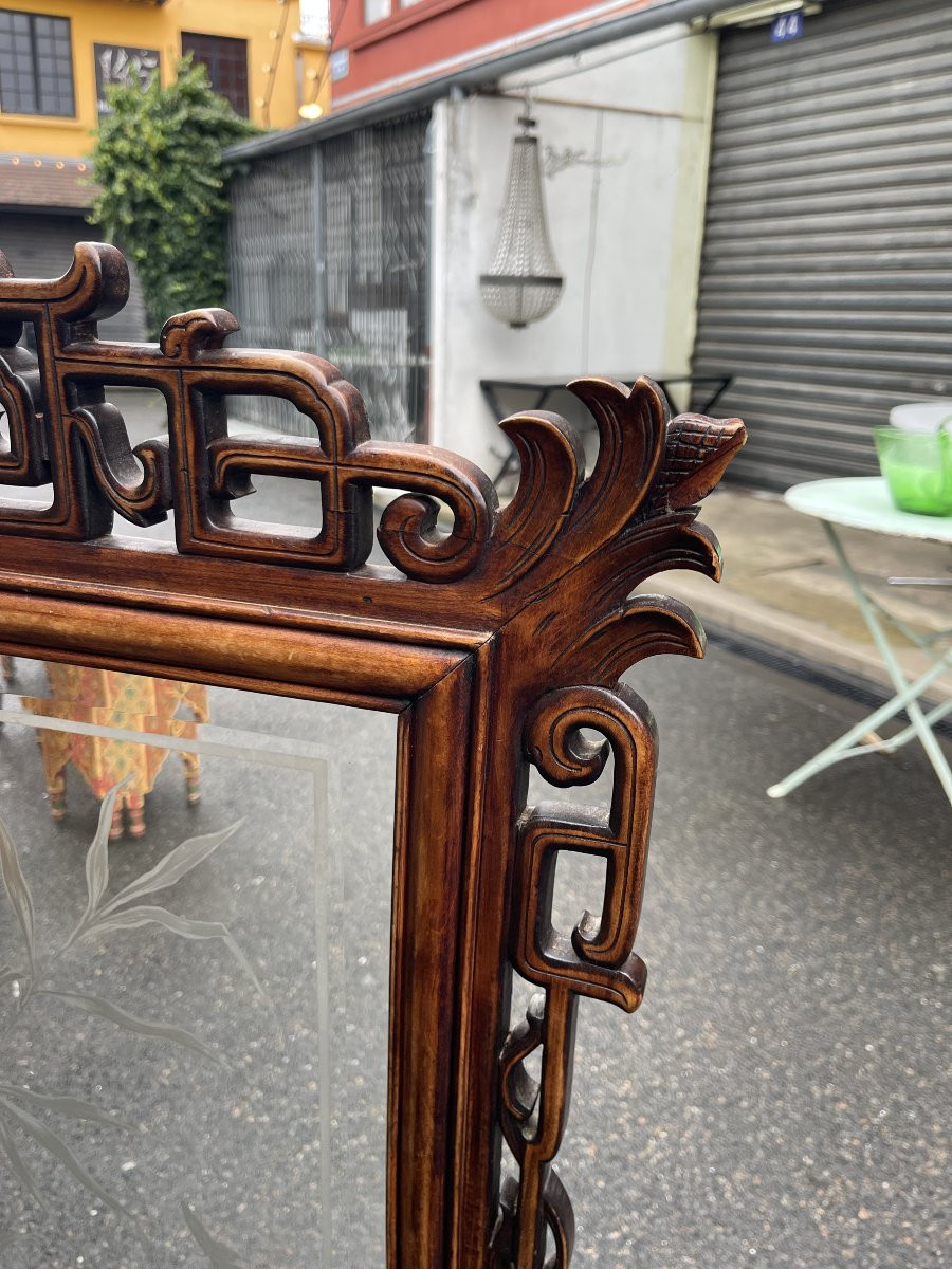 Écran de cheminée en noyer et verre sculpté, fin XIXᵉ-photo-2