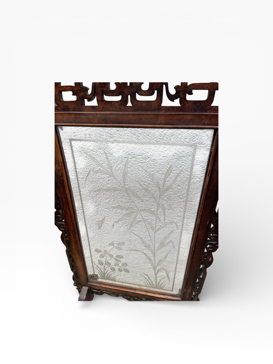Écran de cheminée en noyer et verre sculpté, fin XIXᵉ-photo-4