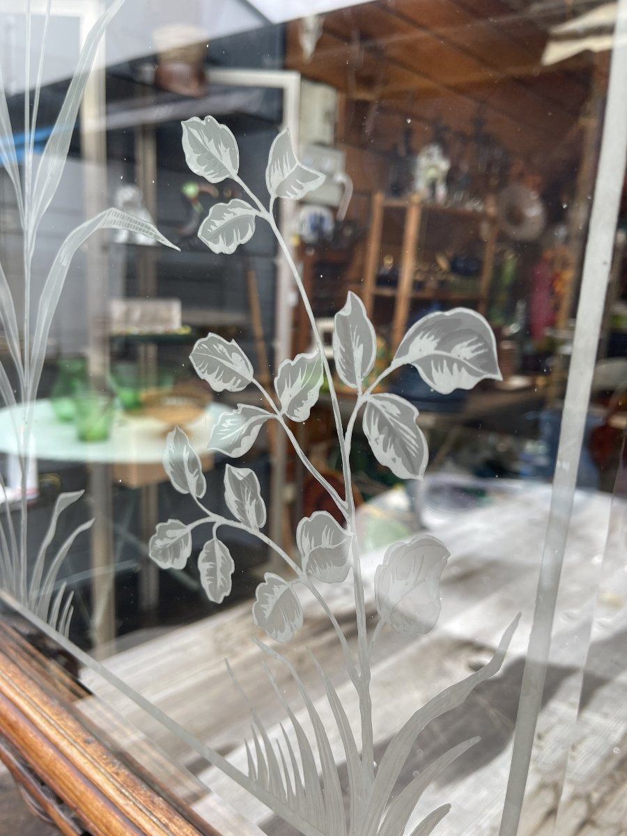 Écran de cheminée en noyer et verre sculpté, fin XIXᵉ-photo-2