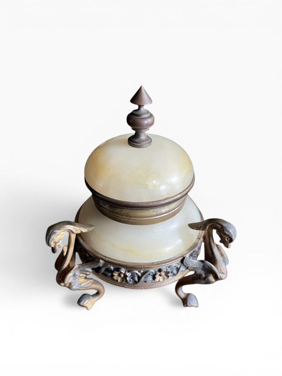Alabaster And Bronze Inkwell, Decorated With Swans – 19th Century