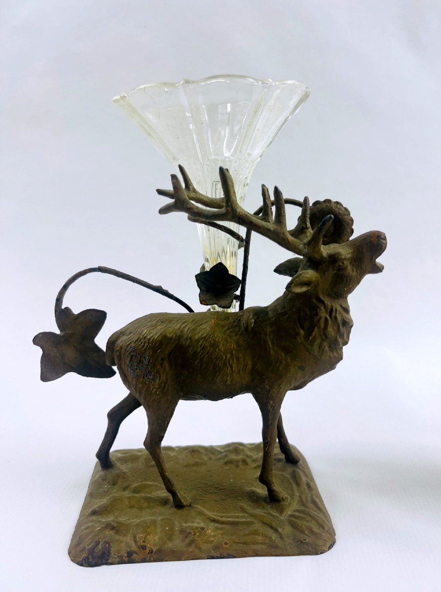 Paire De Bouquetières, Cerfs En Métal Repoussé Porte-fleurs-photo-2